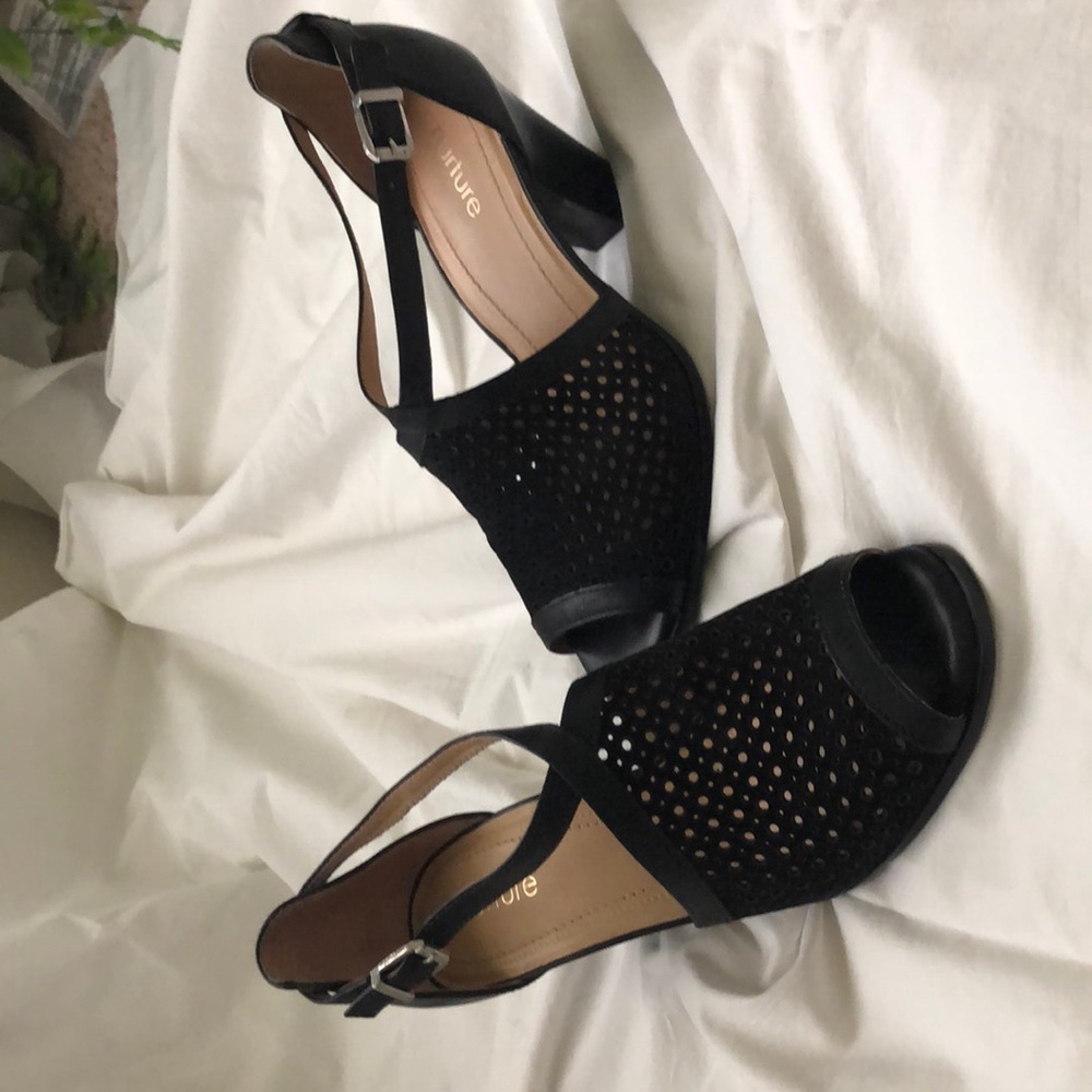 Gorgeous black suede and leather 3” chunky heels. Nurture brand.